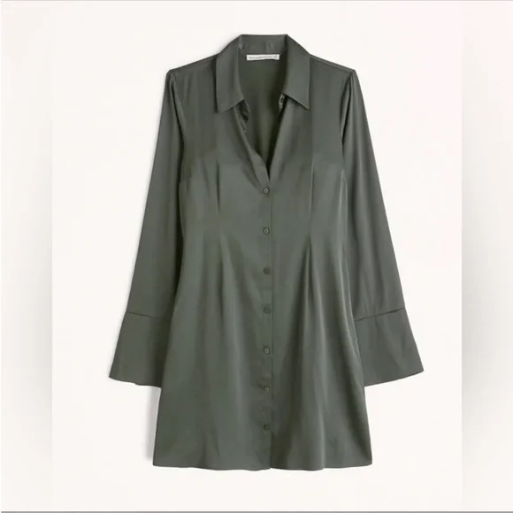 Abercrombie & Fitch Green Satin Long Sleeve Shirt Dress SZ XXS EUC - Picture 1 of 6